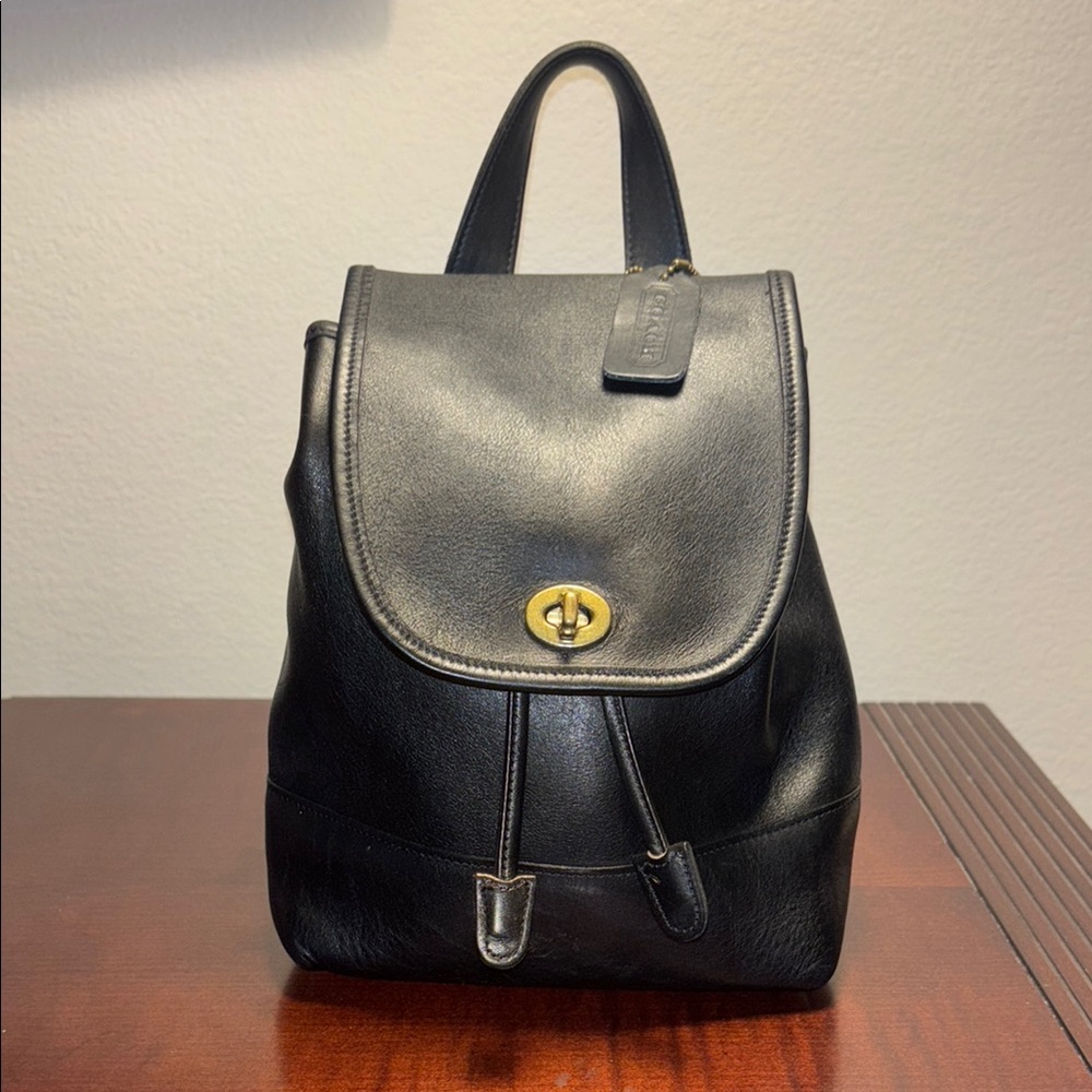 Coach Black Leather Backpack with Gold Turnlock
